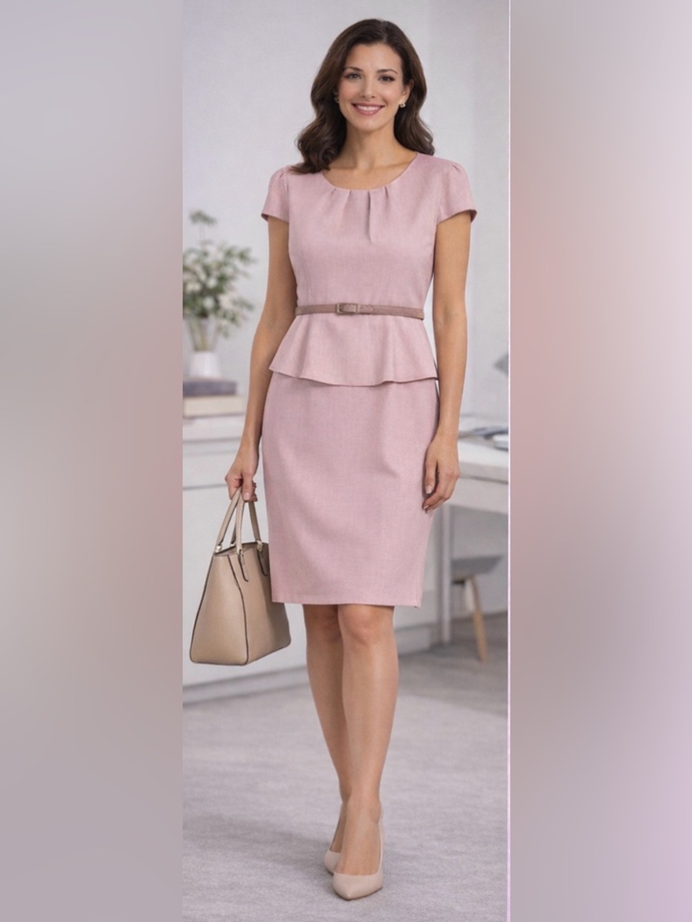 377 Connected Apparel Blush Pink Belted Peplum Midi Dress S 14 Work Office
